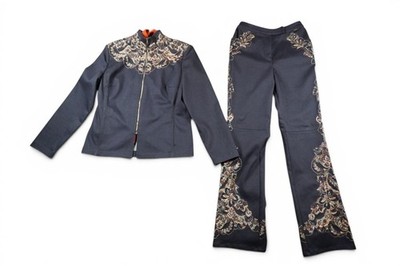 St. John Sport Pant Suit Womens 2 Navy Denim Floral Embroidered 3 Piece Set