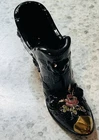 Fenton Black  GLASS Cabbage Rose Slipper High Heel Shoe HP Pink Roses Gold Toe