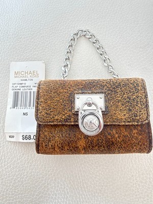 NWT MICHAEL KORS HAMILTON FLAP COIN PURSE MOCHA DISTRESSED LEATHER MINI POUCH