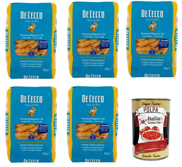 De Cecco Pennoni Rigati N.39, 100% Italienisch Pasta Nudeln 5X 500G+Polpa 400G-image