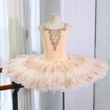 Girls Nude Pink Ballet Tutu Dress Handmade Gold Rhinestone Stage Costume