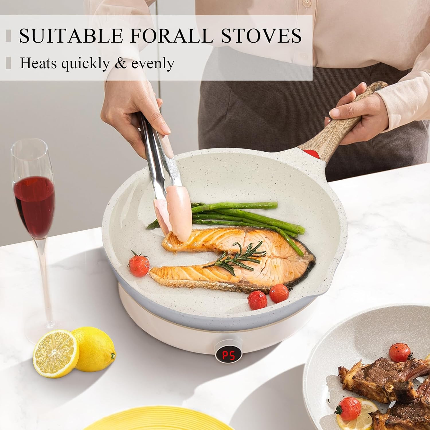 Nonstick Deep Frying Pan, Saute Pan with Lid, 11"/5Qt, German 3C+ Ceramic Coatin