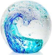Hand Blown Ocean Decor Glass Waves Figurines Ball, Ocean Themed Gifts for Women 
