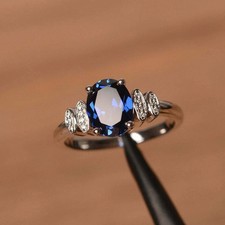 2Ct Oval Lab Created Blue Sapphire Women's Engagement Ring 14K White Gold Plated