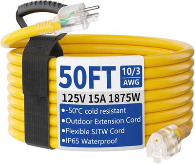 50Ft Outdoor/Indoor Extension Cord with Lighted 10/3 Gauge Ultra 3 Prong Heavy D