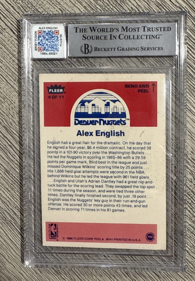 1986 Fleer Baloncesto Pegatina #4 Alex Inglés Jersey Fusion BGS 10 Parche Automático  Foto 2 de 2