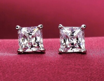 4 Ct Princess Cut FL/D Lab Created Stud Earrings 14K White Gold 7mm Push Back