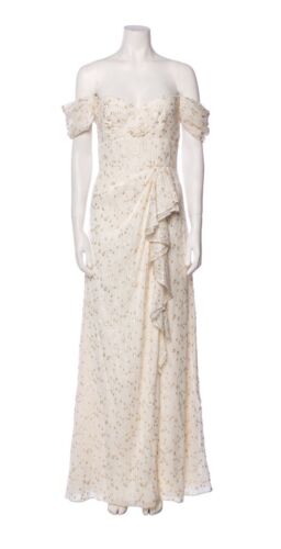 ML Monique Lhuillier Dress 14 Ivory Gold Dot Chiffon Long Off Shoulder - Picture 3 of 5