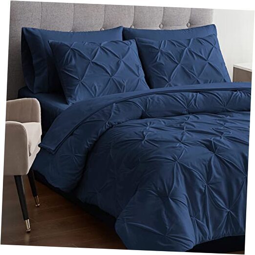 Comforter Set - 5 Pieces Pintuck Bed in A Bag - Comforters Size - Twin Navy-image