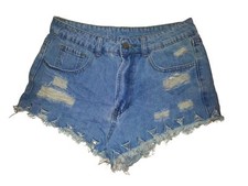 Shein Denim Shorts Women's M 6 Blue Raw Hem Ripped Triangle Cutout