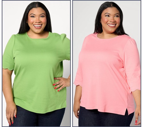 Quacker Factory Set of 2 Sparkle and Shine Scalloped Sleeve tops Sets Peach/Gree