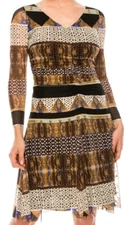 Nine West Ruched Waist Day Dress Size 6 Boho Brown Blue Abstract Print NWT $159