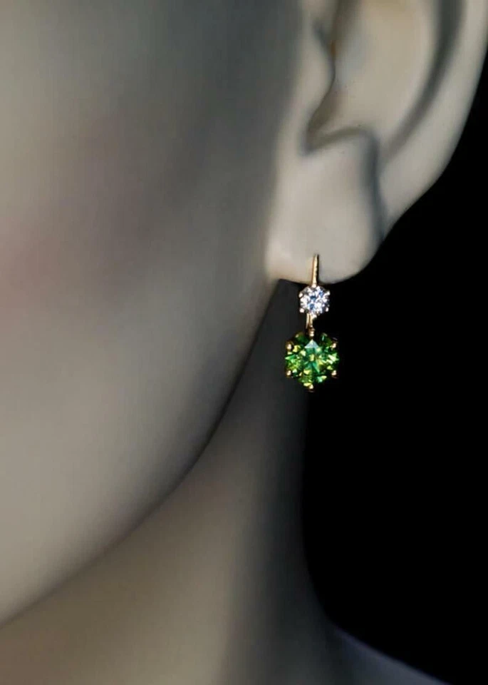 3Ct Round Cut Simulated Peridot & Diamond Drop Earrings 14K Yellow Gold Plated - Image 3 of 4