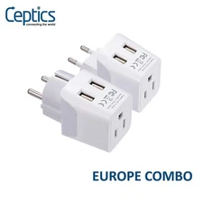 Ceptics Europe Travel Adapter Plug Set- with 2 USB Socket Input - Type E/F and C