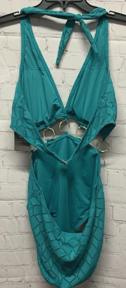 Traje de baño Vince Camuto talla 14 detalle de anillo inmersión de una pieza verde laguna nuevo Foto 4 de 4