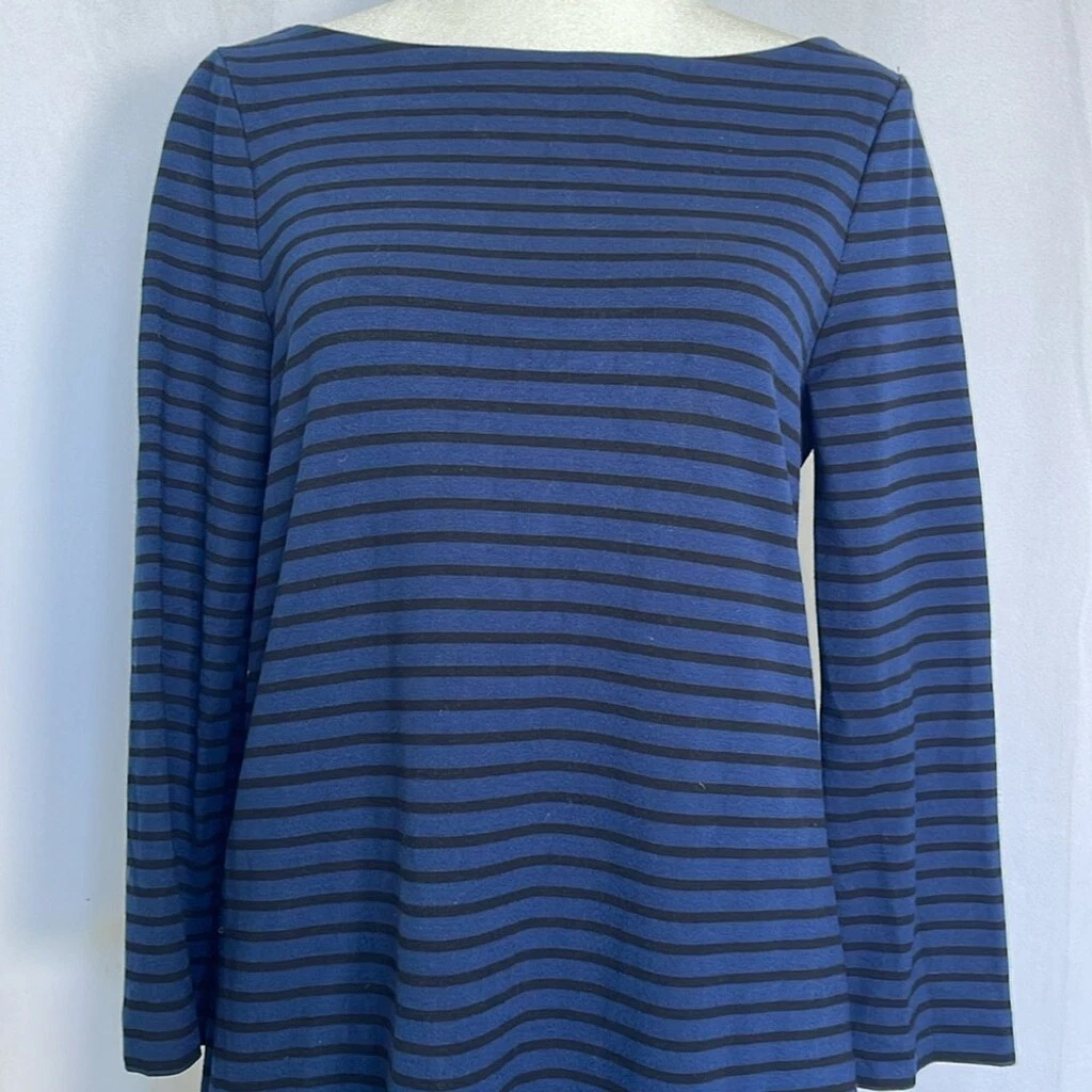 Abito Kate Spade vita scesa taglia 8 blu nero a righe maniche lunghe orlo arricciato