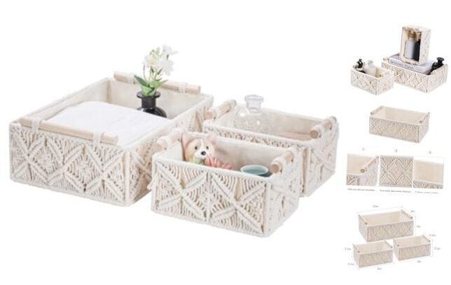 Macrame Storage Baskets Handmade Boho Set of 3 - 1 Large 2 Small Off White-image