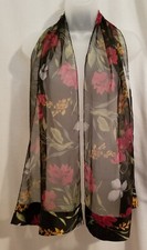 Scarf long rectangular 60x13, floral black pink gold green, sheer poly chiffon
