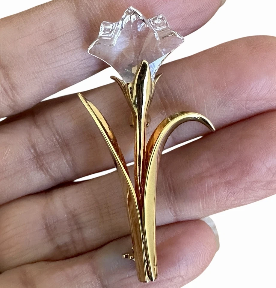Broche prendedor flor tulipán cristal Swarovski 1,75" logotipo cisne original oro austriaco Foto 2 de 4