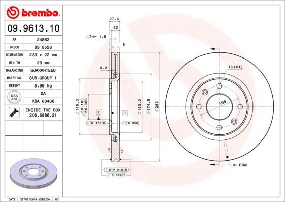 Disque de frein Brembo 09.9613.10 Peugeot pour stopper les sifflements