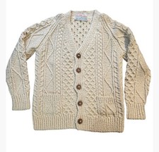 Vintage 100 Wool Aran Cable Knit Cardigan Cream Irish Fisherman Sweater
