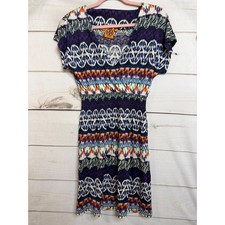 Tory Burch Silk Ikat Print Smocked Waist V-Neck Dress Purple Orange XS 32102415