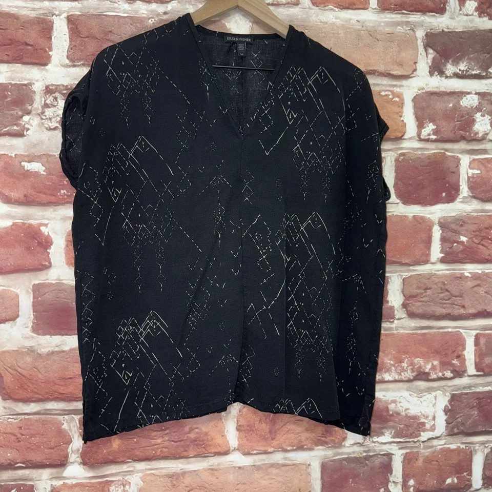 Женская футболка Eileen Fisher Top Small Petite черная шелковая смесь Artsy абстрактная - Изображение 2 из 4