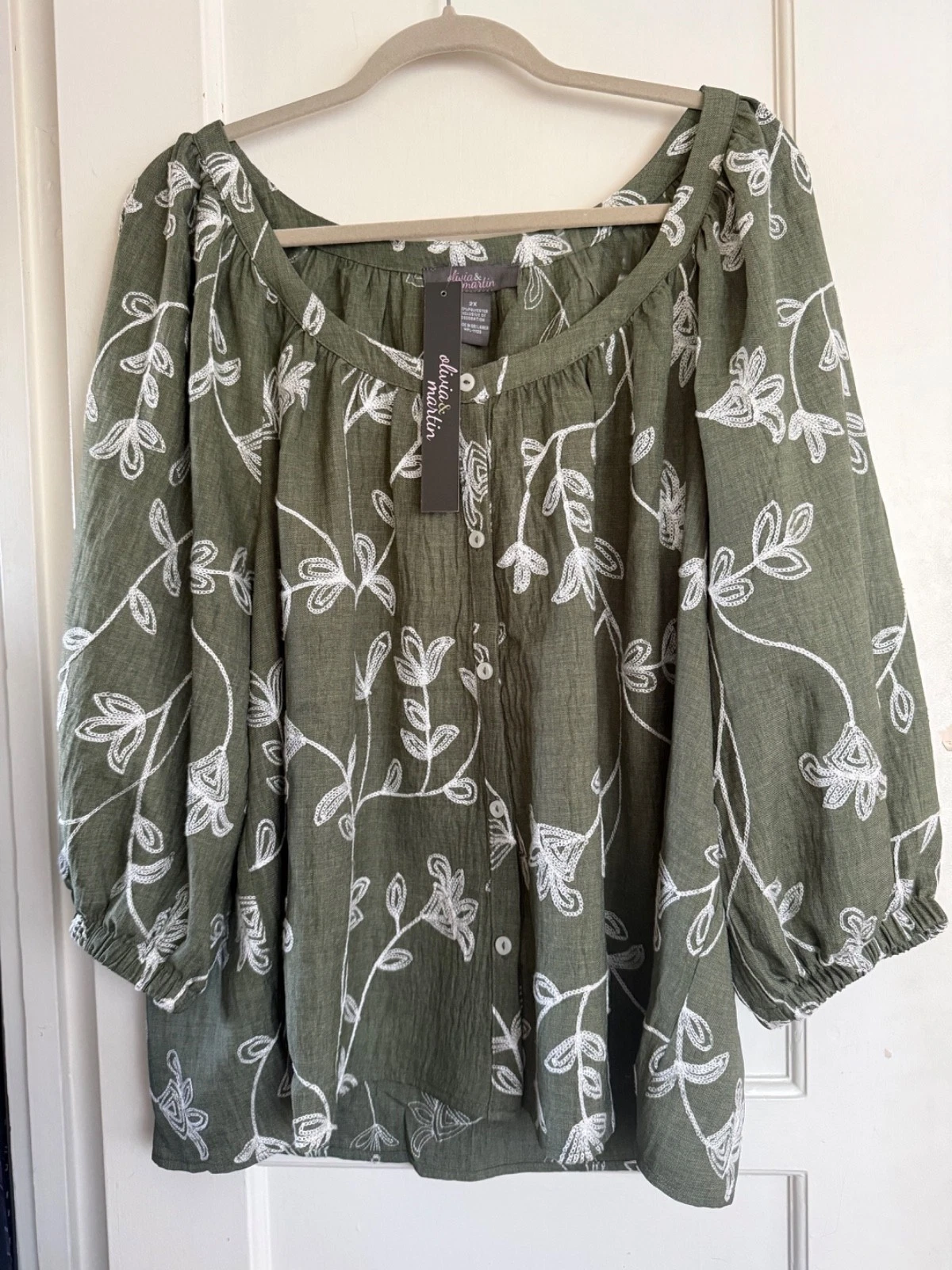 NWT Olivia Martin Woven Peasant Blouse Boho TOP Shirt Plus Sz 2X Floral Green