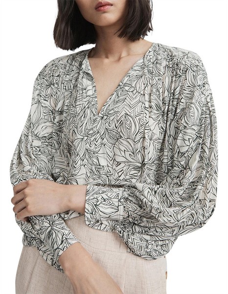 Witchery Blouse Women's Size 10 White Green Floral Long Sleeve Work Office