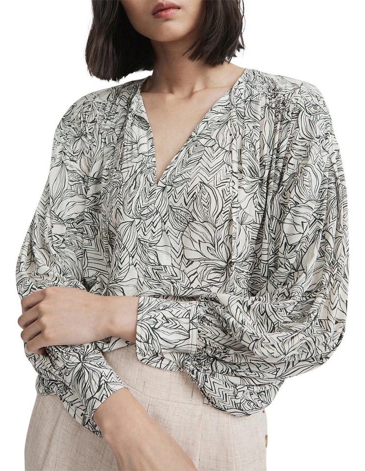 Witchery Blouse Women's Size 10 White Green Floral Long Sleeve Work Office