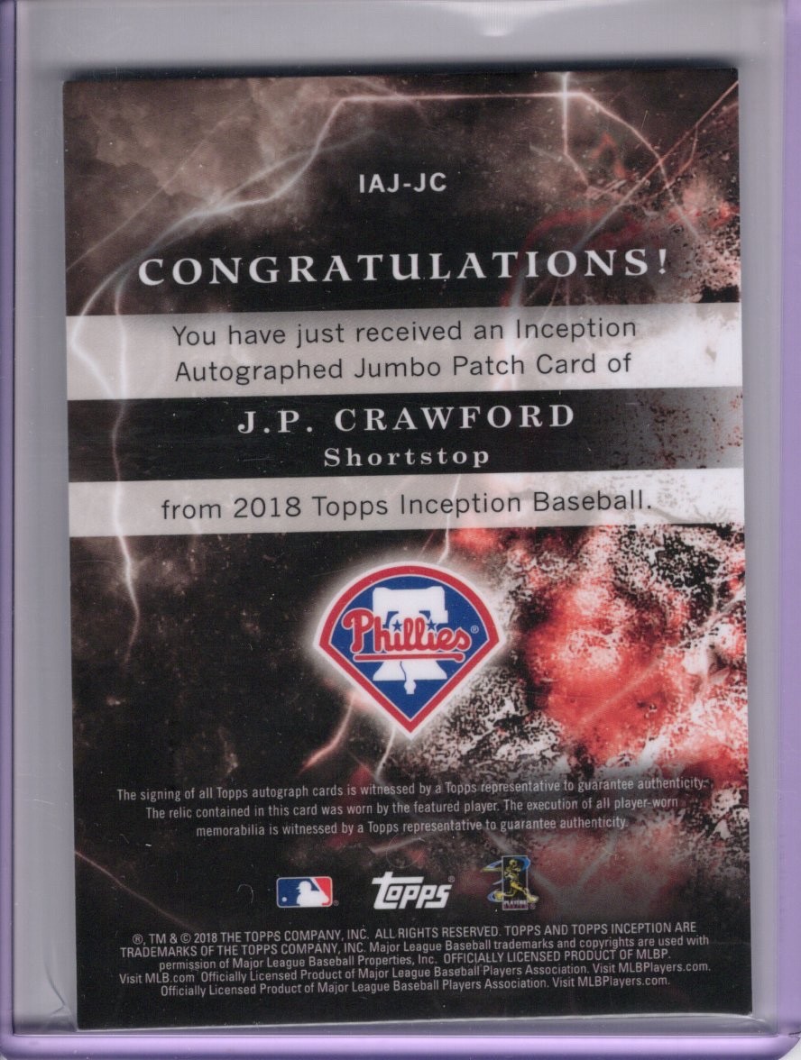 2018 J.P. CRAWFORD TOPPS INCEPTION ROOKIE JUMBO PATCH AUTO RC 134/150 view 2