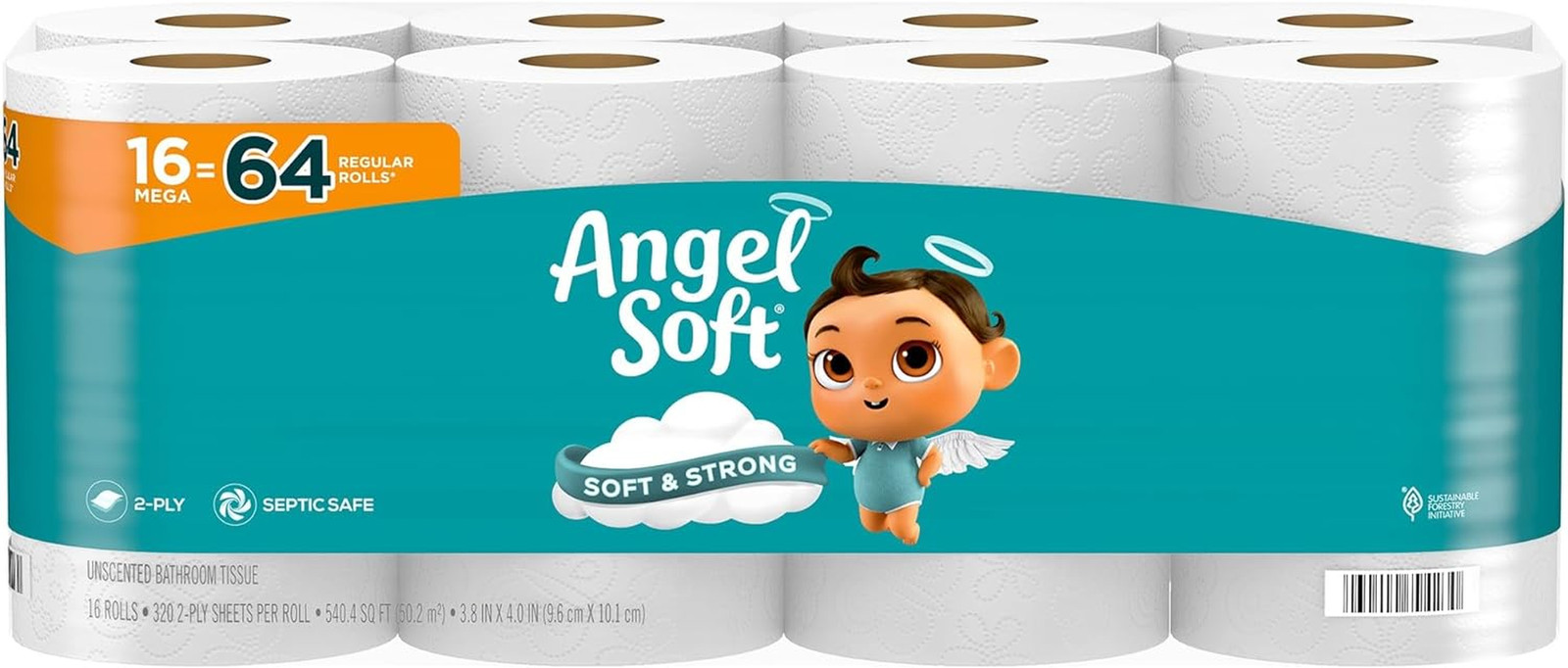 Angel Soft Toilet Paper, 16 Mega Rolls = 64 Regular Rolls, Strong Toilet Tissue