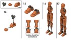 Dummy 13 articulated figure in lime black with red and gray armor, shown in multiple pieces with blue text and arrows.