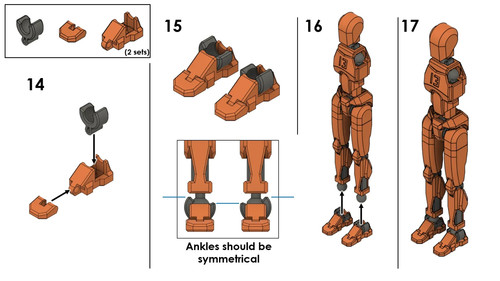 Dummy 13 articulated figure in lime black with red and gray armor, shown in multiple pieces with blue text and arrows.
