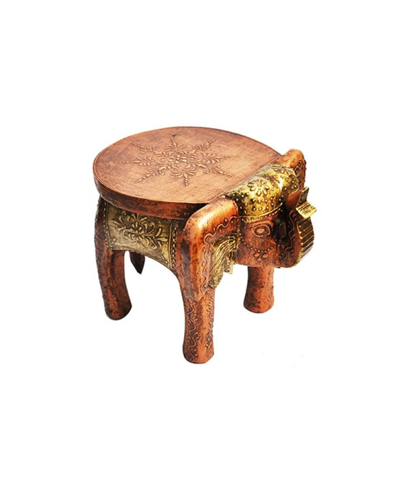 Hand Painted Wooden Elephant Shape Brown Multi Decor Side Table Statue Stool - Image 3 of 4