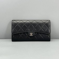 Chanel Classic Flap Long Wallet Black Quilted Leather Silver Tone CC Flap Purse
