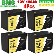 4Pcs 12V 100Ah LiFePO4 Battery BMS Deep Cycle for RV Home Marine Solar Off-grid
