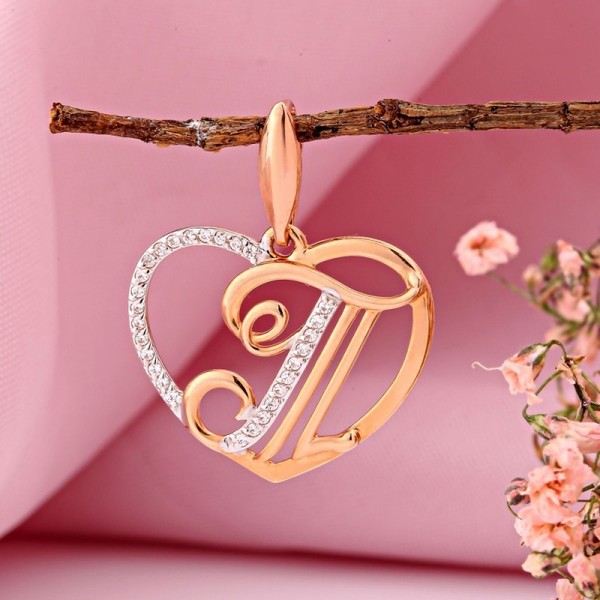 Buchstabe Letter T Rose Gold Rotgold 585 Herz AnhäNger Mit Cz Neu-image