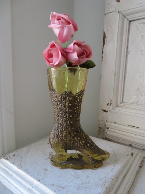 Vintage Amber Glass Gold Tone Ladies Boot Vase with Pink Roses Floral Decor