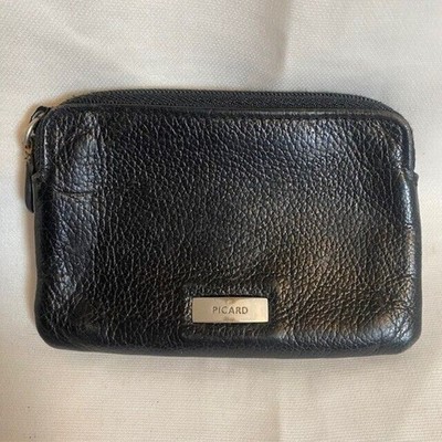 PICARD Black Pebbled Leather Wallet Change Purse Card Holder Zipper Germany 