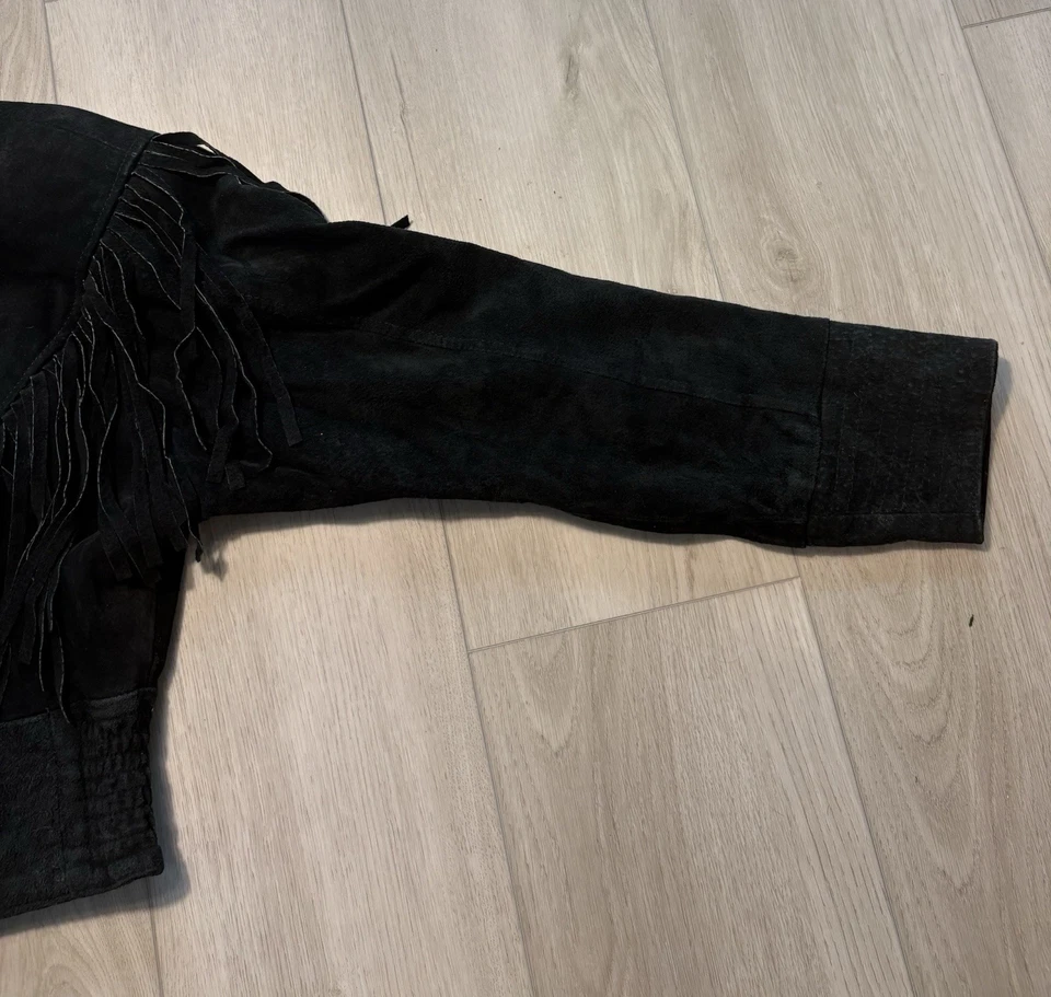 Chaqueta de Colección Años 80 CHIA Negra Gamuza Flecos Para Mujer Western Recortada Boho Mediana Foto 3 de 4