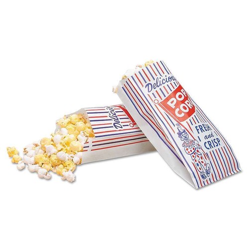 Bagcraft Pinch-Bottom Paper Popcorn Bag, 4w x 1-1/2d x 8h, Blue/Red/White, 1000/ - 第 1/2 張圖片