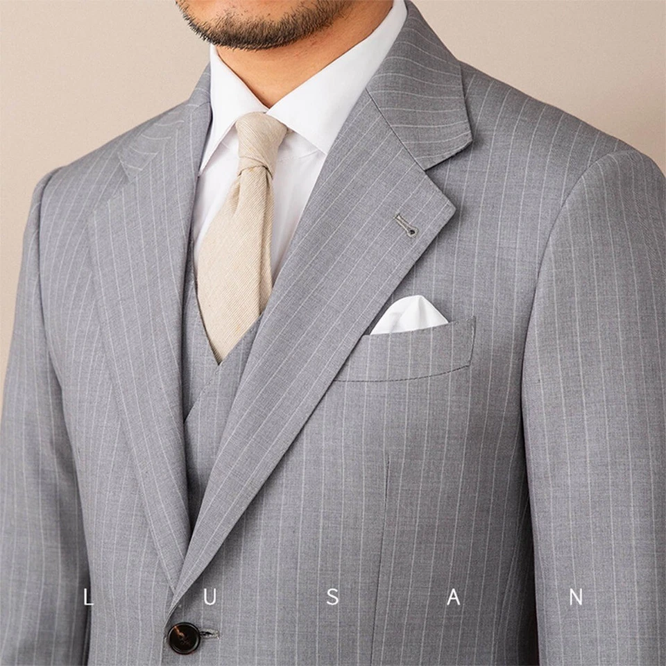 Men Gray Striped Suit Single Breasted Jacket Notch Lapel Party Business Elegant - Image 4 of 4