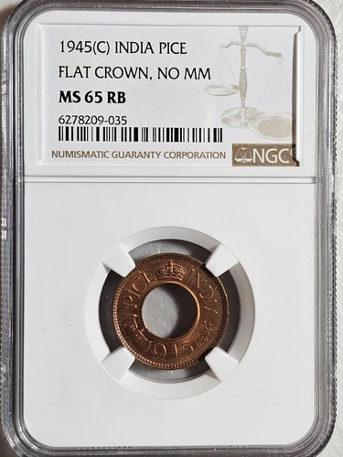India 1 Pice 1945C Flat Crown, No MM NGC MS 65 RB