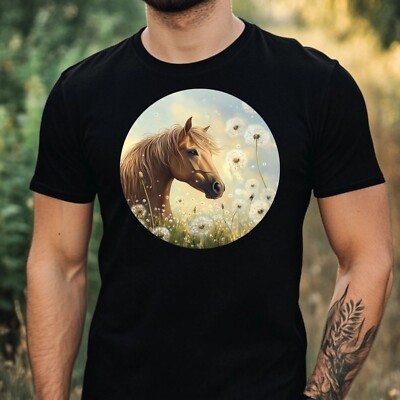 Mens Horse Dandelion Print Cotton T-Shirt Size XS to 5XL