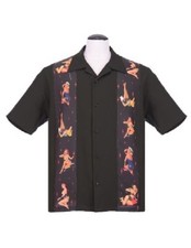 Steady Clothing Multi Pinup Girls Black Panel Button Down Bowling Shirt ST35368