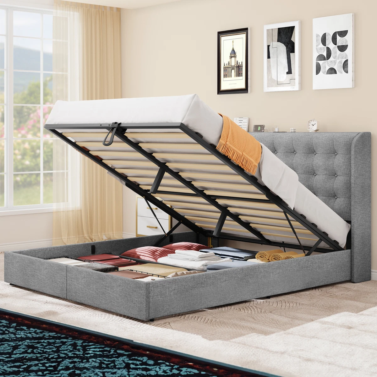 King Lift Storage Bed Frame Hydraulic Platform w Upholstered