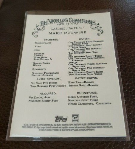 2020 Topps Chrome Allen Ginter #73 Mark McGwire Base Card Oakland Athletics - Picture 2 of 2