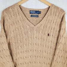 VTG POLO RALPH LAUREN Tussah Silk Size XL Mens V Neck Cable Knit Sweater Sand