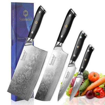 4PCS Kitchen Knife Set Damascus Steel Chinese Meat Cleaver Chef Knife Fruit Tool